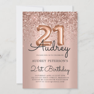 Sparkle Glitter Rose Gold Balloon 21st Birthday Invitation