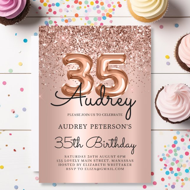 Sparkle Glitter Rose Gold Balloon 35th Birthday  Invitation (Creator Uploaded)