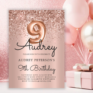 Sparkle Glitter Rose Gold Balloon 9th Birthday Invitation
