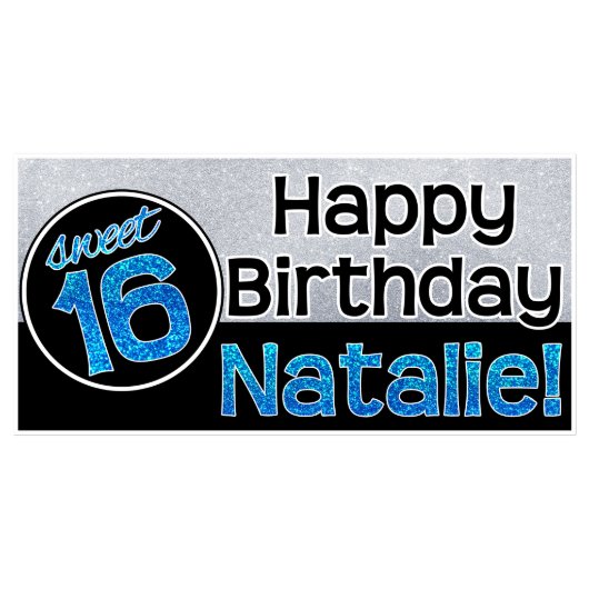 Sparkle Glitter Sweet 16 Birthday Banner-Blue (Front)