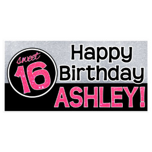 Sparkle Glitter Sweet 16 Birthday Banner-Pink