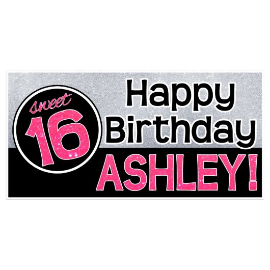 Sparkle Glitter Sweet 16 Birthday Banner-Pink (Front)