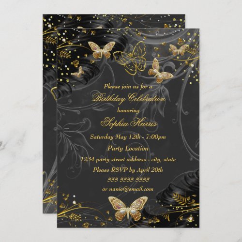 Sparkle Gold Black Butterfly Birthday party Invitation