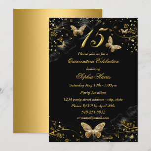 Sparkle Gold Black Butterfly Quinceanera Invite