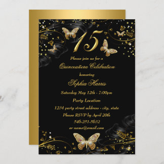 Sparkle Gold Black Butterfly Quinceanera Invite