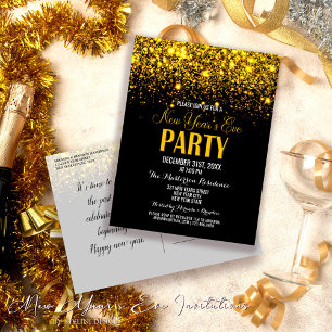 Sparkle Gold Black New Year`s Eve Party Invitation Postcard