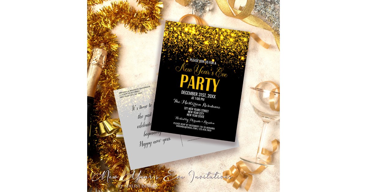 Sparkle Gold Black New Year`s Eve Party Invitation Postcard | Zazzle