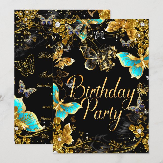 Sparkle Gold Black Teal Butterfly Birthday Party 2 Invitation (Front/Back)