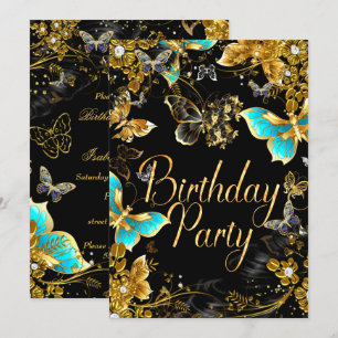 Sparkle Gold Black Teal Butterfly Birthday Party 2 Invitation