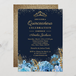 Sparkle Gold Blue Glitter floral Quinceanera 15th Invitation