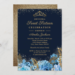 Sparkle Gold Blue Glitter floral Sweet Sixteen Invitation
