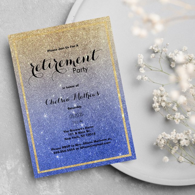 Sparkle Gold Blue Ombre Glitter Retirement Party Invitation (Sparkle Gold Blue Ombre Glitter Retirement Party )