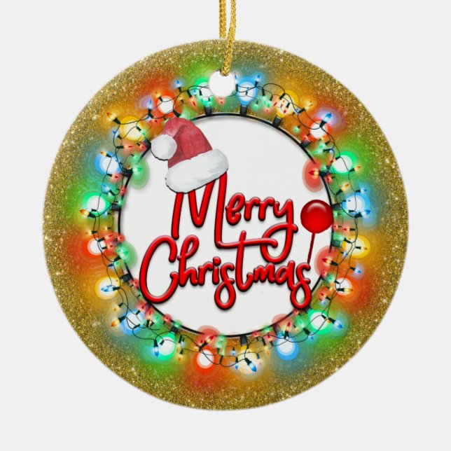 Sparkle Gold Christmas Bulbs Merry Christmas Ceramic Ornament (Front)