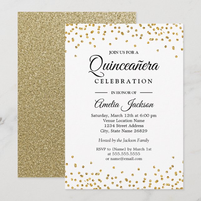 Sparkle Gold Confetti Quinceanera Invitation (Front/Back)