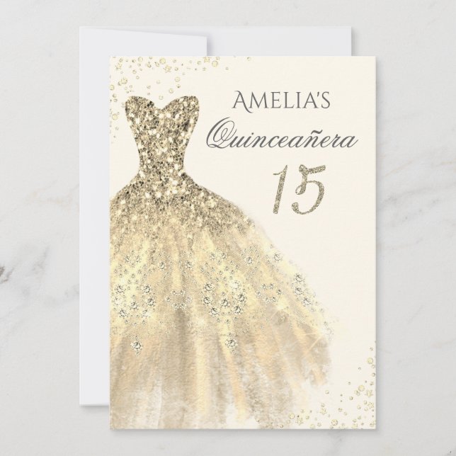 Sparkle Gold Dress 15th Quinceanera Invitation (Front)
