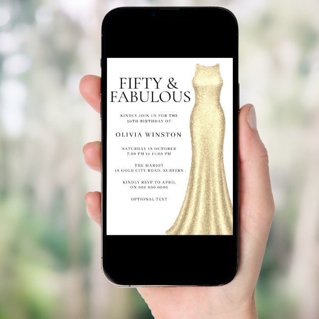 Sparkle Gold Dress Womans 50th Birthday Party Invitation (Front Digital)