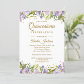 Sparkle Gold Floral Purple Quinceanera Invite (Standing Front)