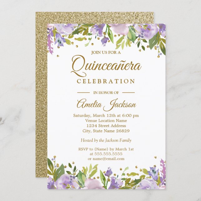 Sparkle Gold Floral Purple Quinceanera Invite (Front/Back)