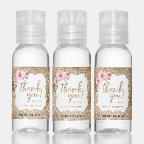Sparkle gold glitter and floral thank you hand san hand sanitizer