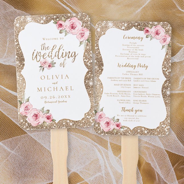 Sparkle gold glitter and floral wedding program hand fan (Sparkle gold glitter and floral wedding program hand fan)