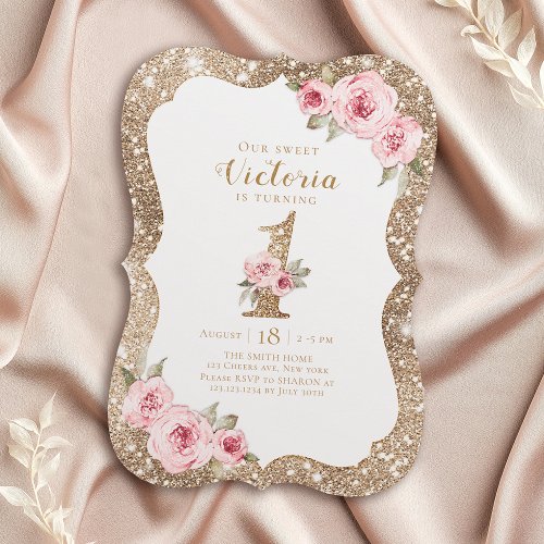 Sparkle gold glitter and pink floral 1st birthday invitation
