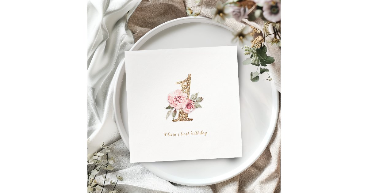Sparkle gold glitter and pink floral 1st birthday napkins | Zazzle