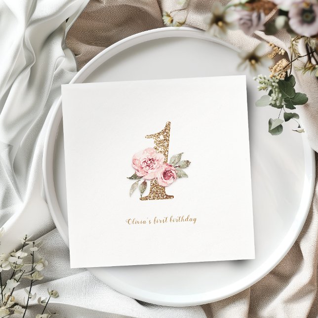 Sparkle gold glitter and pink floral 1st birthday napkins (Sparkle gold glitter and pink floral 1st birthday napkins)