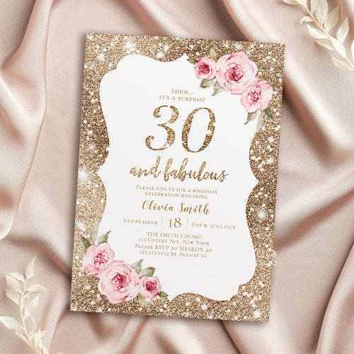 Sparkle gold glitter and pink floral 30th birthday invitation
