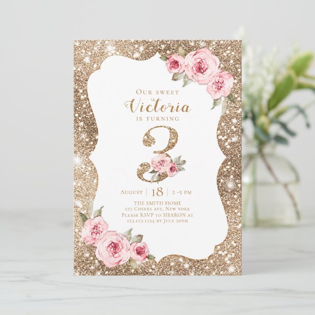 Sparkle gold glitter and pink floral 3rd birthday invitation (Standing Front)