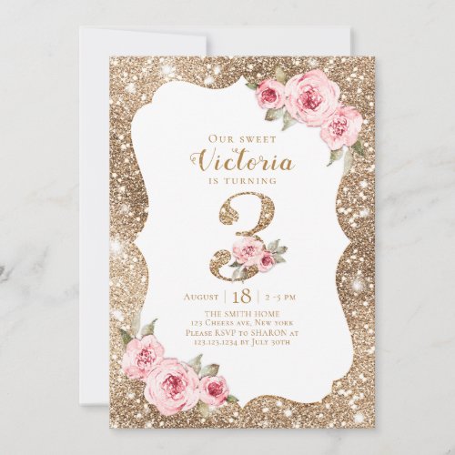 Sparkle gold glitter and pink floral 3rd birthday invitation