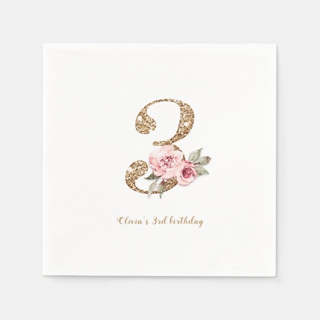 Sparkle gold glitter and pink floral 3rd birthday napkins (Front)