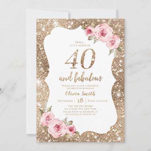 Sparkle gold glitter and pink floral 40th birthday invitation | Zazzle