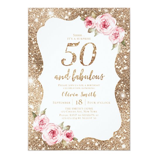 Sparkle gold glitter and pink floral 50th birthday invitation | Zazzle.com