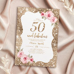 Sparkle gold glitter and pink floral 50th birthday invitation<br><div class="desc">Faux gold sparkle glitter background and blush pink floral with "50 and fabulous" script in center,  elegant and stylish,  great 50th birthday party invitations.</div>