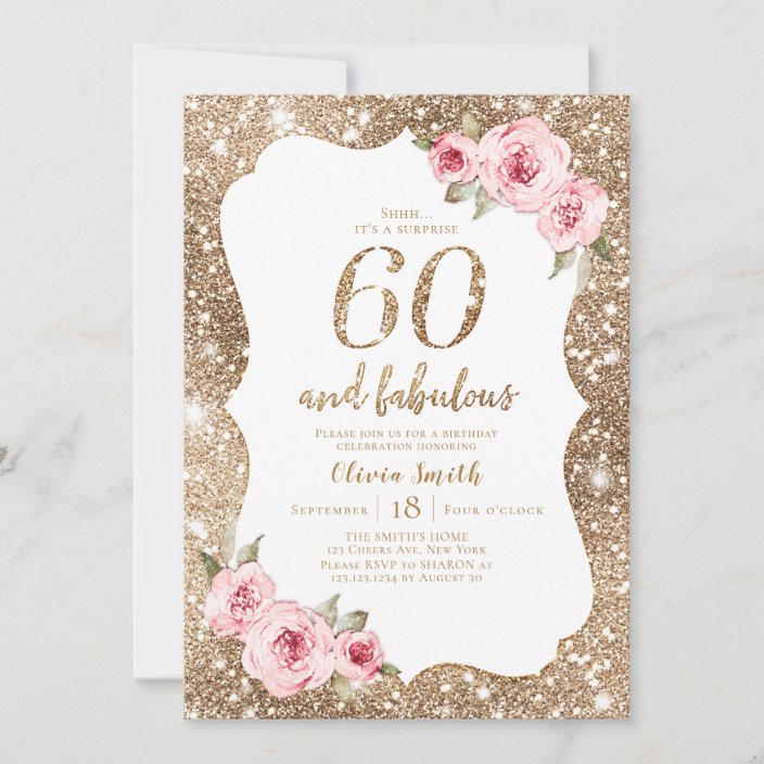 Sparkle gold glitter and pink floral 60th birthday invitation | Zazzle.com