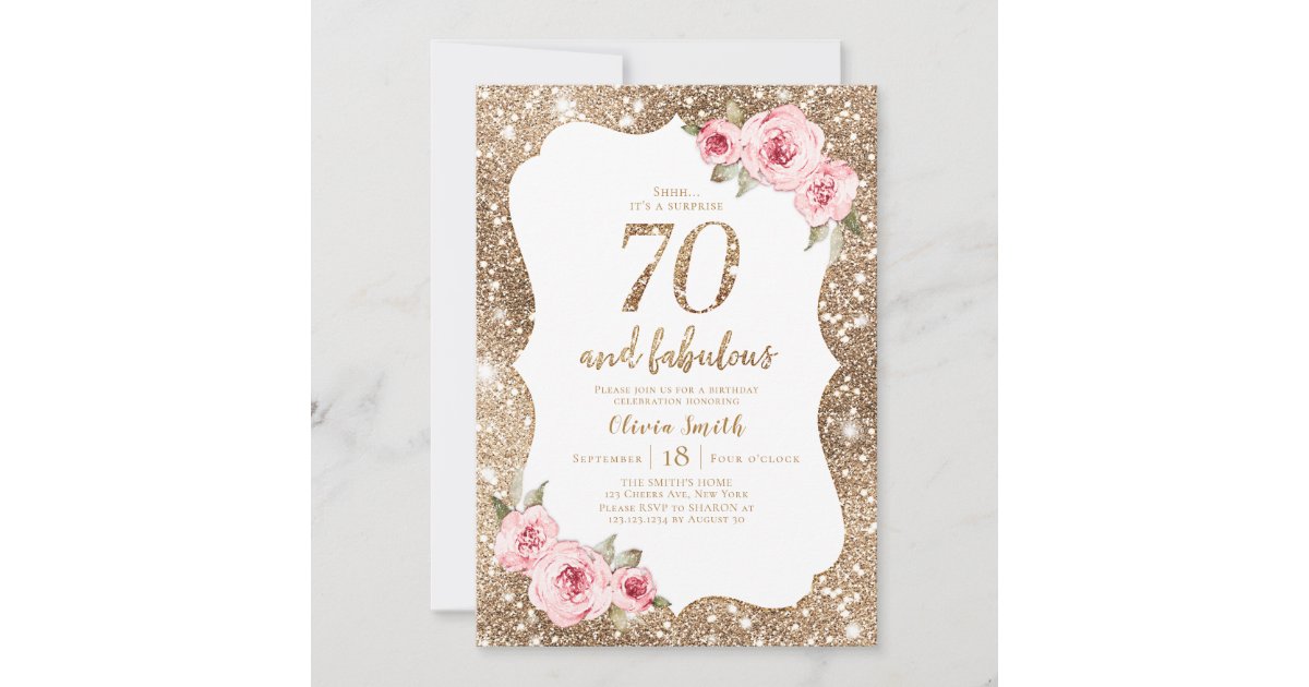 Sparkle gold glitter and pink floral 70th birthday invitation | Zazzle