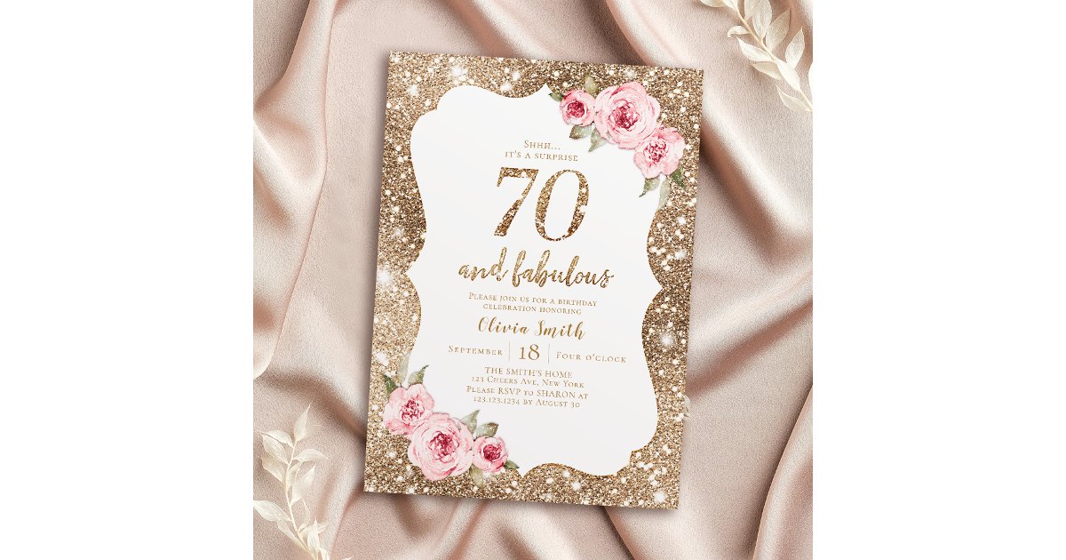 Sparkle gold glitter and pink floral 70th birthday invitation | Zazzle