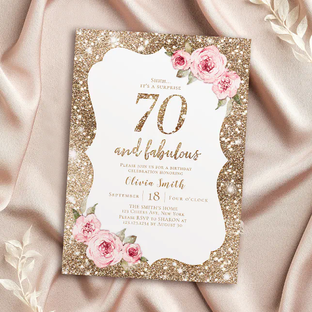 Sparkle gold glitter and pink floral 70th birthday invitation | Zazzle