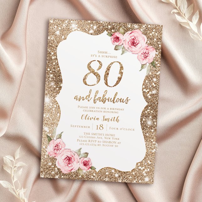 Sparkle gold glitter and pink floral 80th birthday invitation