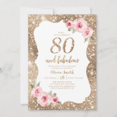 Sparkle gold glitter and pink floral 80th birthday invitation (Front)
