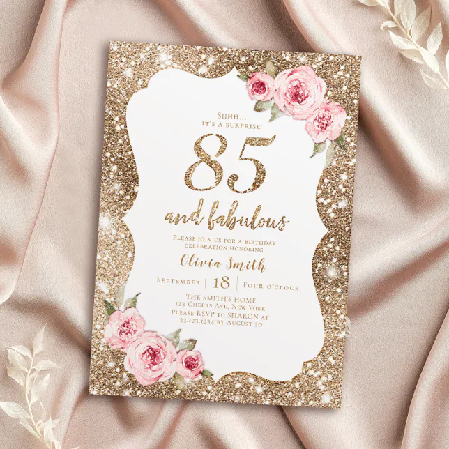 Sparkle gold glitter and pink floral 85th birthday invitation | Zazzle