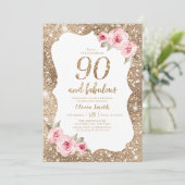 Sparkle gold glitter and pink floral 90th birthday invitation (Standing Front)
