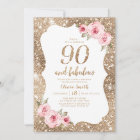 Sparkle gold glitter and pink floral 90th birthday