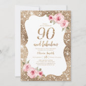 Sparkle gold glitter and pink floral 90th birthday invitation (Front)