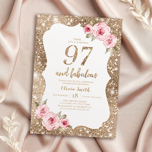 Sparkle gold glitter and pink floral 97th Birthday Invitation