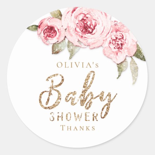 Sparkle gold glitter and pink floral baby shower classic round sticker