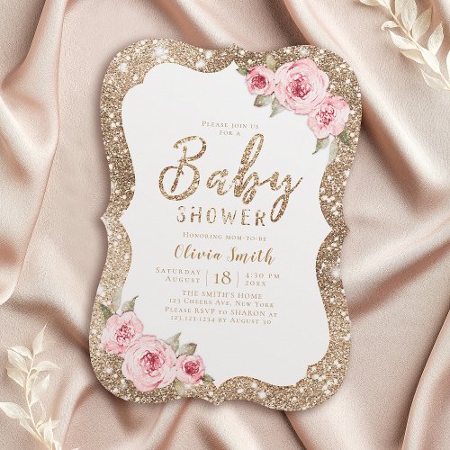 Sparkle gold glitter and pink floral baby shower invitation
