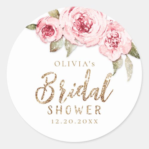 Sparkle gold glitter and pink floral bridal shower classic round sticker