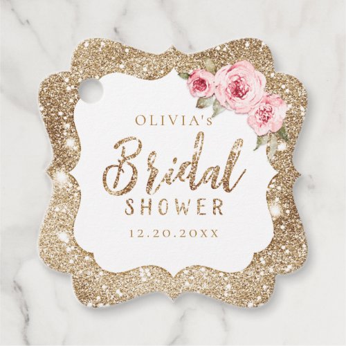 Sparkle gold glitter and pink floral bridal shower favor tags