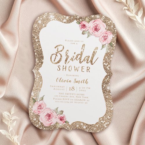 Sparkle gold glitter and pink floral bridal shower invitation